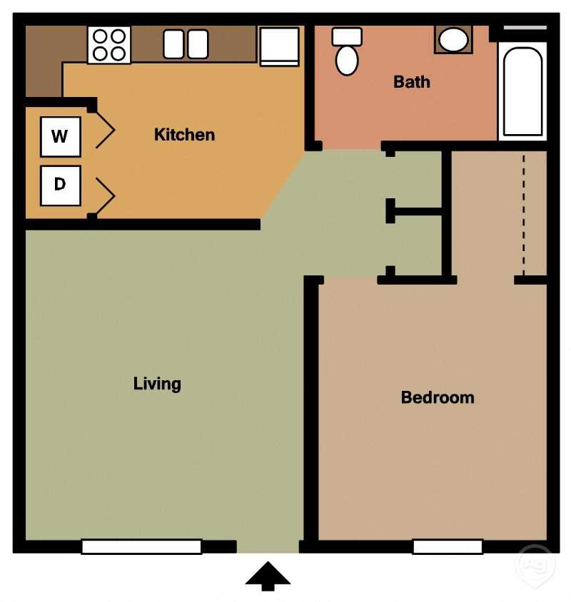 Floor plan for 1 bed, 1 bath, 689 sqft